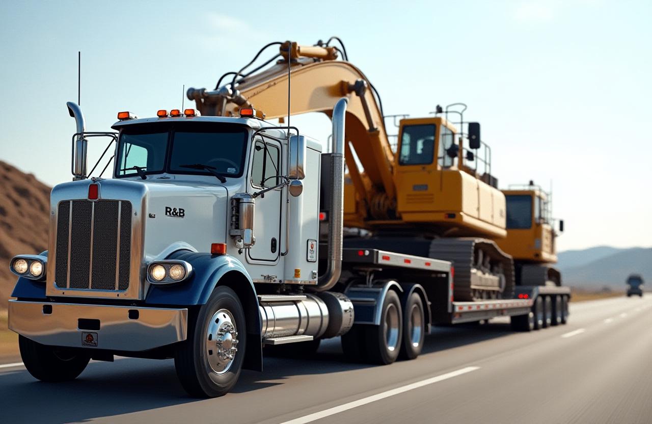 Heavy equipment hauling on specialized flatbed trailer for construction and machinery transport