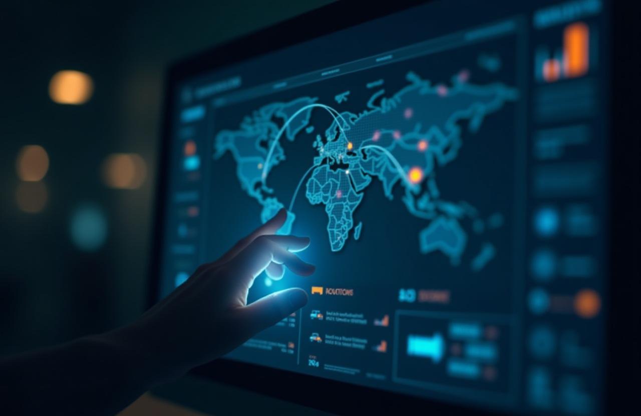Advanced logistics technology dashboard showing real-time freight tracking and AI route optimization